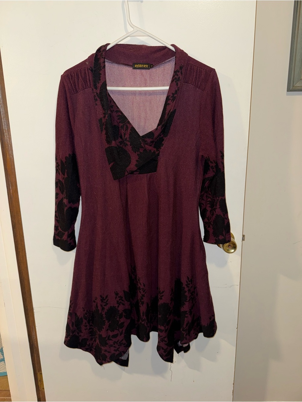 Women’s Maroon Reborn Tunic with Black Floral Embroidered Design Size Large
